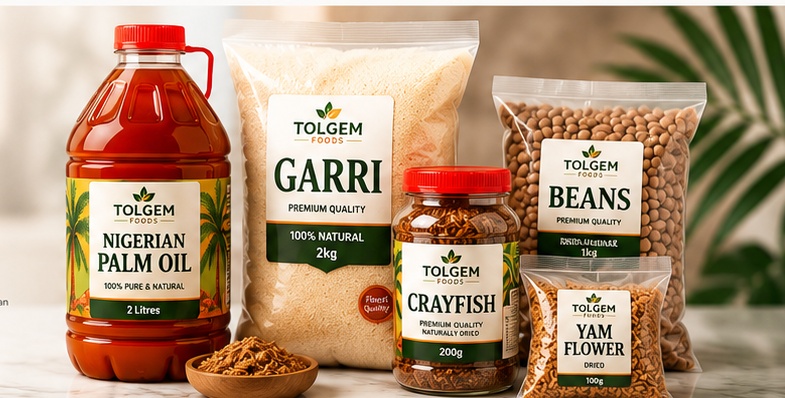 Tolgem Foods palm oil, garri, beans, crayfish and yam flour